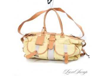 GET OUT OF TOWN! $525 THEORY 'DAISY' LEMON YELLOW PIQUE CANVAS AND VACHETTA LEATHER X-LARGE WEEKENDER BAG