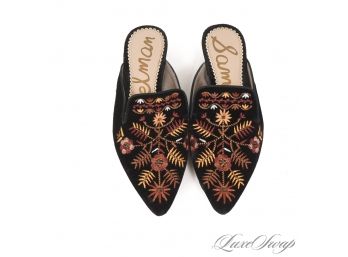 PERFECT FOR EARLY SPRING! SAM EDELMAN BLACK VELVET FLORAL EMBROIDERED MULES SHOES 6