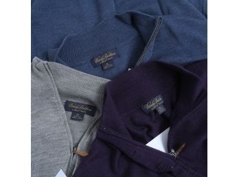 LOT OF 3 LIKE NEW WITHOUT TAGS BROOKS BROTHERS MENS SAXXON WOOL PURPLE BLUE AND GREY 1/2 ZIP SWEATERS XL