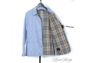 THE STAR OF THE SHOW : AUTHENTIC BURBERRY MADE IN ENGLAND WOMENS POWDER BLUE TARTAN LINED SPRING JACKET!