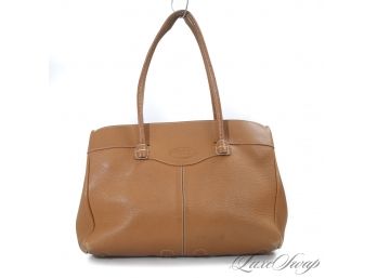 $1000 AUTHENTIC TODS MADE IN ITALY CAMEL DEERSKIN GRAIN LEATHER TOPSTITCHED SIGNATURE TOTE BAG