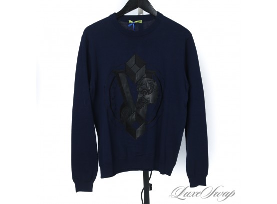 BRAND NEW WITH TAGS AUTHENTIC VERSACE JEANS COUTURE NAVY BLUE LEATHER EFFECT GOTHIC V CREWNECK SWEATER M