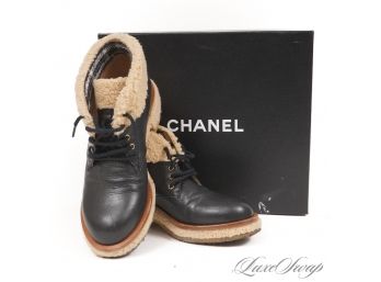 WE DONT GET THESE OFTEN SO MAKE IT COUNT! LIKE NEW IN BOX AUTHENTIC CHANEL 15A BLACK SHEARLING TRIM BOOTS 39