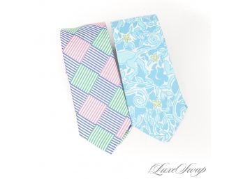 LOT OF TWO LIKE NEW ULTRA PREPPY LILLY PULITZER MENS COUNTRY CLUB TIES - AQUA FLORAL AND BASKETWEAVE