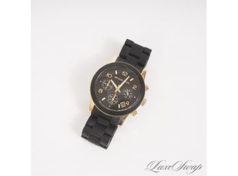 #3 LIKE NEW AUTHENTIC MICHAEL KORS YELLOW GOLD TONE AND BLACK RUBBER MK-5191 TRIPLE CHRONOGRAPH WATCH