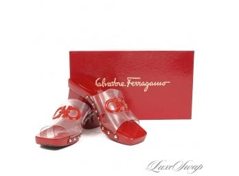 THE ONE EVERYONE WANTS! LIKE NEW IN BOX SALVATORE FERRAGAMO 'DAYDREAM' RED LACQUERED AND PVC GANCINI SHOES 7.5