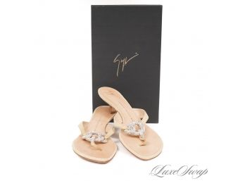 LIKE NEW IN BOX GIUSEPPE ZANOTTI SAND CHEVRE SUEDE CRYSTAL LOCK BUCKLE THONG SANDALS 38