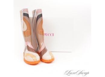 APRIL SHOWERS! BRAND NEW IN BOX UNUSED EMILIO PUCCI 'RUBBER BABY' PSYCHEDELIC WELLINGTON RAIN BOOTS 38