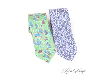LOT OF TWO LIKE NEW ULTRA PREPPY LILLY PULITZER MENS COUNTRY CLUB TIES - PACIFIC SEASHELL AND GREEN PALM TREE