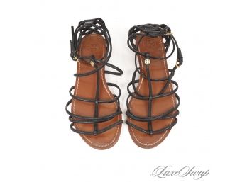 PEDICURES READY! TORY BURCH BLACK LEATHER CAGE STRAPPY GLADIATOR SANDALS 8.5