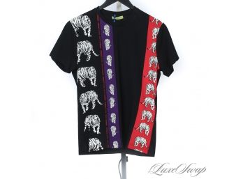 BRAND NEW WITH TAGS AUTHENTIC VERSACE JEANS COUTURE BLACK RED PURPLE ALLOVER TIGER STRIPE TEE SHIRT M