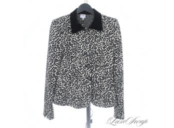 $1000 ARMANI COLLEZIONI MADE IN ITALY BLACK AND WHITE ANIMAL PRINT VELVET COLLAR TEXTURED JACKET 8