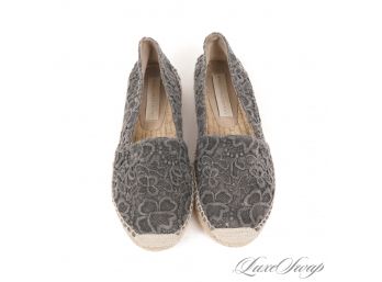 PERFECT SUMMER! STELLA MCCARTNEY MADE IN SPAIN DOLPHIN GREY LACE MOUNTED CANVAS ESPADRILLE SHOES 39