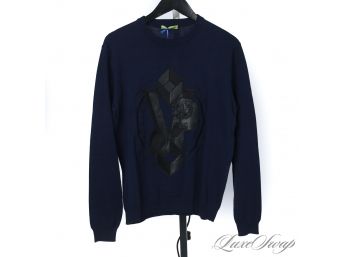 BRAND NEW WITH TAGS AUTHENTIC VERSACE JEANS COUTURE NAVY BLUE LEATHER EFFECT GOTHIC V CREWNECK SWEATER M