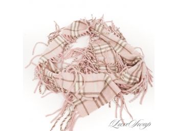 THE ONE EVERYONE WANTS : AUTHENTIC BURBERRY MADE IN ENGLAND 100 CASHMERE PINK TARTAN NOVA DOUBLE FRINGE SCARF