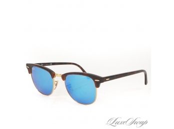 PERFECT CONDITION! AUTHENTIC RAY BAN BROWN MATTE TORTOISE 'CLUBMASTER' RB 3016 BLUE MIRROR LENS SUNGLASSES