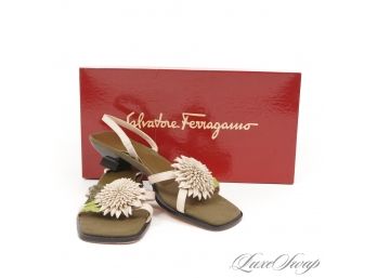 LIKE NEW IN BOX SALVATORE FERRAGAMO 'TESTER' GREEN AND PUTTY ORNATE LEATHER FLORAL SUMMER SANDALS 7.5