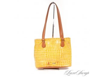 AUTHENTIC MOSCHINO MADE IN ITALY SUNGOLD PATENT LEATHER FINISH CROCODILE PRINT TWO STRAP TOTE BAG