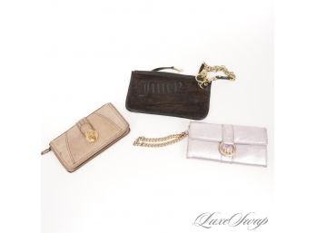 THESE ARE BIG AGAIN YOU GUYS : LOT OF 3 JUICY COUTURE LEATHER AND VELVET CLUTCH WALLETS AND WRISTLET BAG