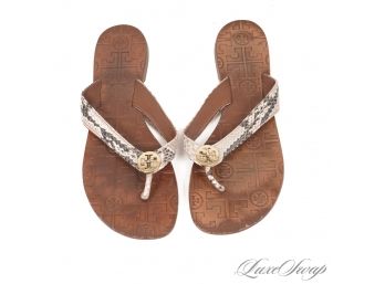 THE ULTIMATE SUMMER TORY BURCH NATURAL PYTHON PRINT MONOGRAM COIN RUBBER SOLE THONG SANDALS