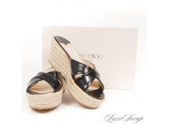WHY PAY $525 AT SAKS? BRAND NEW IN BOX UNUSED JIMMY CHOO BLACK PATENT LEATHER 'PAISLEY' ESPADRILLE SANDALS 39
