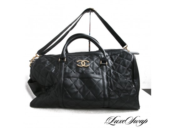 IN THE STYLE OF CHANEL LARGE BLACK LEATHER GOLD CC DUFFLE TRAVEL BAG