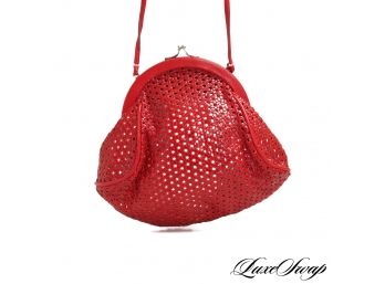 ADORABLE MAUD FRIZON PARIS MADE IN ITALY CHERRY RED BASKETWEAVE LEATHER CROSSBODY BAG