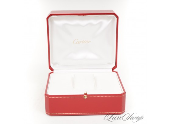 VERY SCARCE AND LIKE NEW AUTHENTIC CARTIER PARIS SIGNATURE RED SATIN LINED WATCH BOX AND STAND