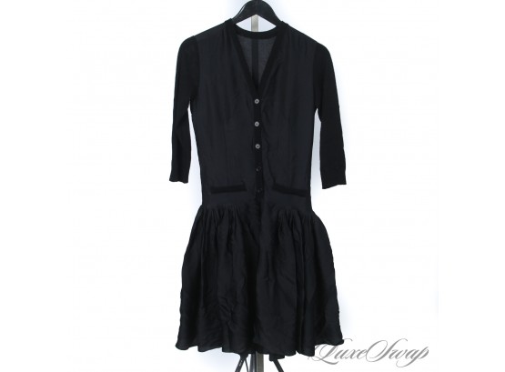 CONSERVATIVE LUXURY : ANONYMOUS BLACK CASHMERE AND SILK FEEL CARDIGAN DRESS WITH DROP WAIST