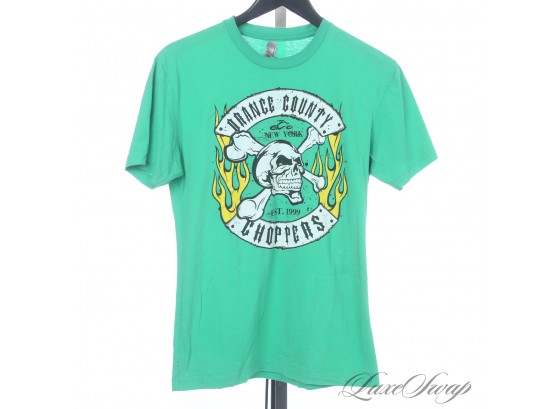 WHERES THE BIKERS? ORANGE COUNTY CHOPPERS NEW YORK DIVISION LIME GREEN SKULL LOGO TEE SHIRT S