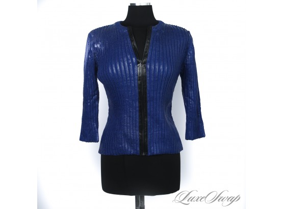 THE WET LOOK! BRAND NEW WITHOUT TAGS MICHAEL KORS COLLECTION ROYAL BLUE LACQUERED RIBBED ZIP CARDIGAN JACKET S
