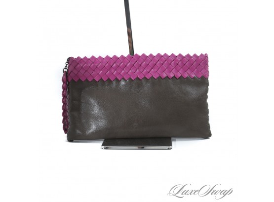 LOOKS JUST LIKE BOTTEGA! UNSIGNED NEW WITHOUT TAGS HIGH QUALITY BROWN AND MAGENTA LEATHER INTRECCIO ZIP CLUTCH
