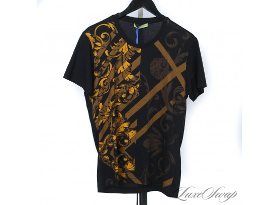 BRAND NEW WITH TAGS AUTHENTIC VERSACE JEANS COUTURE BLACK TEE SHIRT WITH GOLD BAROCCO PRINT M