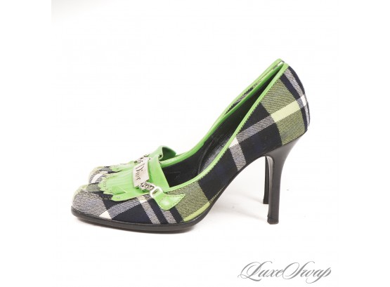THE STARS OF THE SHOW! AUTHENTIC CHRISTIAN DIOR GREEN TARTAN PLAID AND PATENT KILTIE LOGO PLAQUE SHOES 37