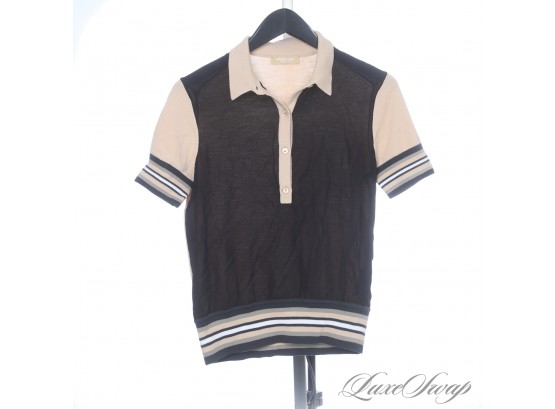 BRAND NEW WITHOUT TAGS MICHAEL KORS COLLECTION MADE IN ITALY SAND RAT PACK STRIPE LUXURY KNIT POLO SHIRT S