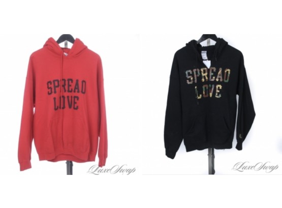 ITS THE BROOKLYN WAY : LOT X2 'SPREAD LOVE' RED GOTHIC FONT HOODIE SWEATSHIRT AND BLACK CAMO MENS L AND XL