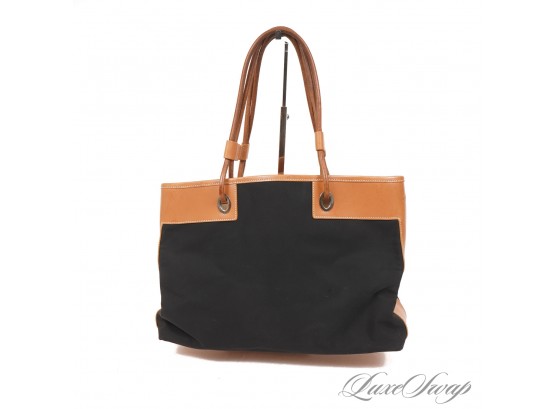 NOT ONLY BEAUTIFUL BUT FUNCTIONAL! AUTHENTIC TODS BLACK CANVAS LARGE TOTE BAG WITH VACHETTA LEATHER TRIM