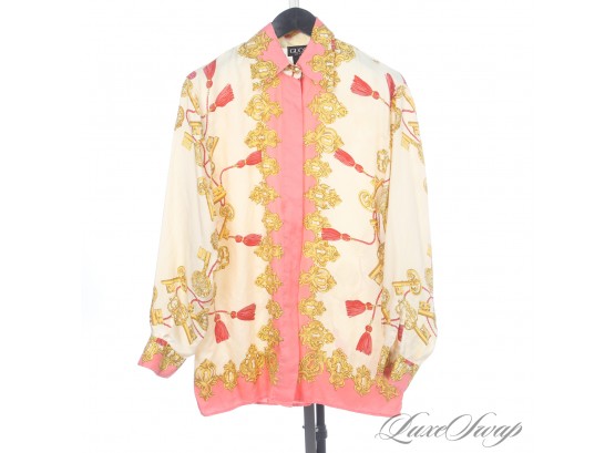 INSANELY RARE VINTAGE 1990S GUCCI MADE IN ITALY 100 SILK CORAL BAROCCO NEOCLASSIC WOMENS SHIRT 42