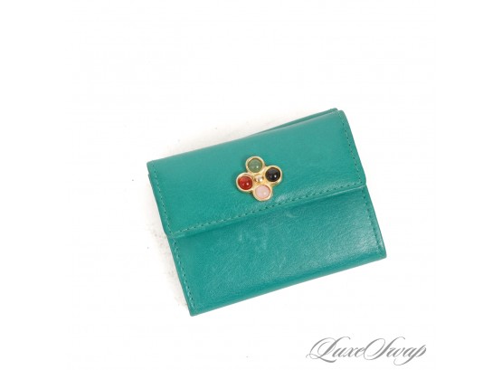 VERY RARE FIND! NEAR MINT VINTAGE JUDITH LEIBER MADE IN SPAIN GREEN LEATHER MINIATURE FOLDING CABOCHON WALLET