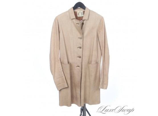 THIS WAS VERY VERY EXPENSIVE! NIGEL PRESTON AND KNIGHT BEIGE NAPPA LAMBSKIN LEATHER TOPSTITCHED LONG COAT