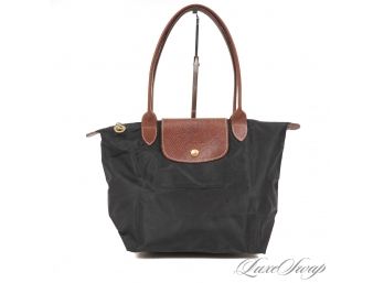 ALWAYS SO USEFUL : AUTHENTIC LONGCHAMP MADE IN FRANCE BLACK MICROFIBER 14' 'LES PLIAGES' COLLAPSIBLE TOTE BAG