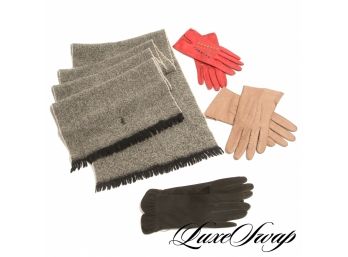 LOT OF 3 LEATHER/SUEDE WINTER GLOVES AND 1 POLO RALPH LAUREN WINTER SCARF