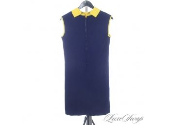 VERY COOL AND NEAR MINT VINTAGE 1960S NAVY BLUE KNIT DRESS WITH GOLD PIPED DETAILS AND LAMPROM ZIPPER!