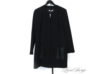 VERY VERY EXPENSIVE ANNE FONTAINE PARIS BLACK STRETCH RUFFLE TRIM COAT WITH LAMBSKIN LEATHER POCKETS 44