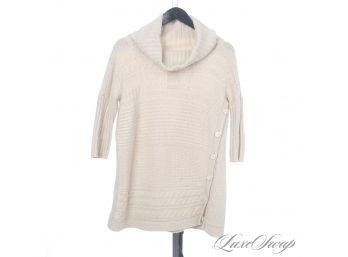 AGAIN LADIES, EARTH TONES! THEORY OATMEAL CABLEKNIT OVERSIZED SIDE BUTTON CASHMERE BLEND SWEATER S