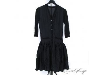 CONSERVATIVE LUXURY : ANONYMOUS BLACK CASHMERE AND SILK FEEL CARDIGAN DRESS WITH DROP WAIST