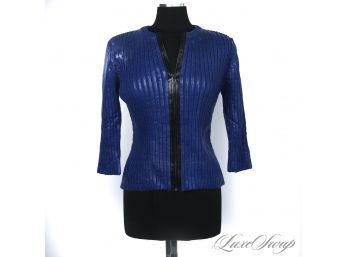 THE WET LOOK! BRAND NEW WITHOUT TAGS MICHAEL KORS COLLECTION ROYAL BLUE LACQUERED RIBBED ZIP CARDIGAN JACKET S
