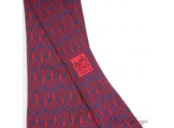 THESE ARE LIKE 200 BUCKS NOW! AUTHENTIC HERMES MENS NAVY AND RED NAUTICAL ROPE KNOT MOTIF SILK TIE 694 OA