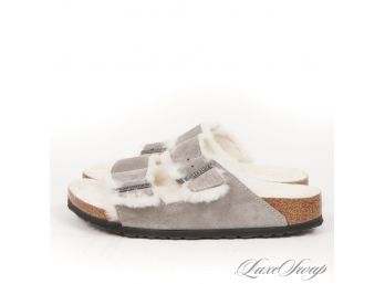 THE MODERN UPDATE : LIKE NEW CURRENT BIRKENSTOCK MADE IN GERMANY GREY SUEDE SHEARLING 'ARIZONA' SANDALS 38
