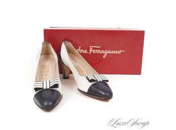ERA DEFINING! VINTAGE SALVATORE FERRAGAMO WHITE LEATHER PUMPS WITH NAVY CAPTOE AND BOW - BOX AND SHOETREES! 8